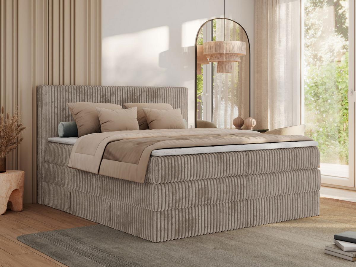 BOXSPRINGBETT TILIANO KING - 160/200 - Hellbraun Cord - H4 - Hellbraun, Holz/Textil (160/200cm) - MKS