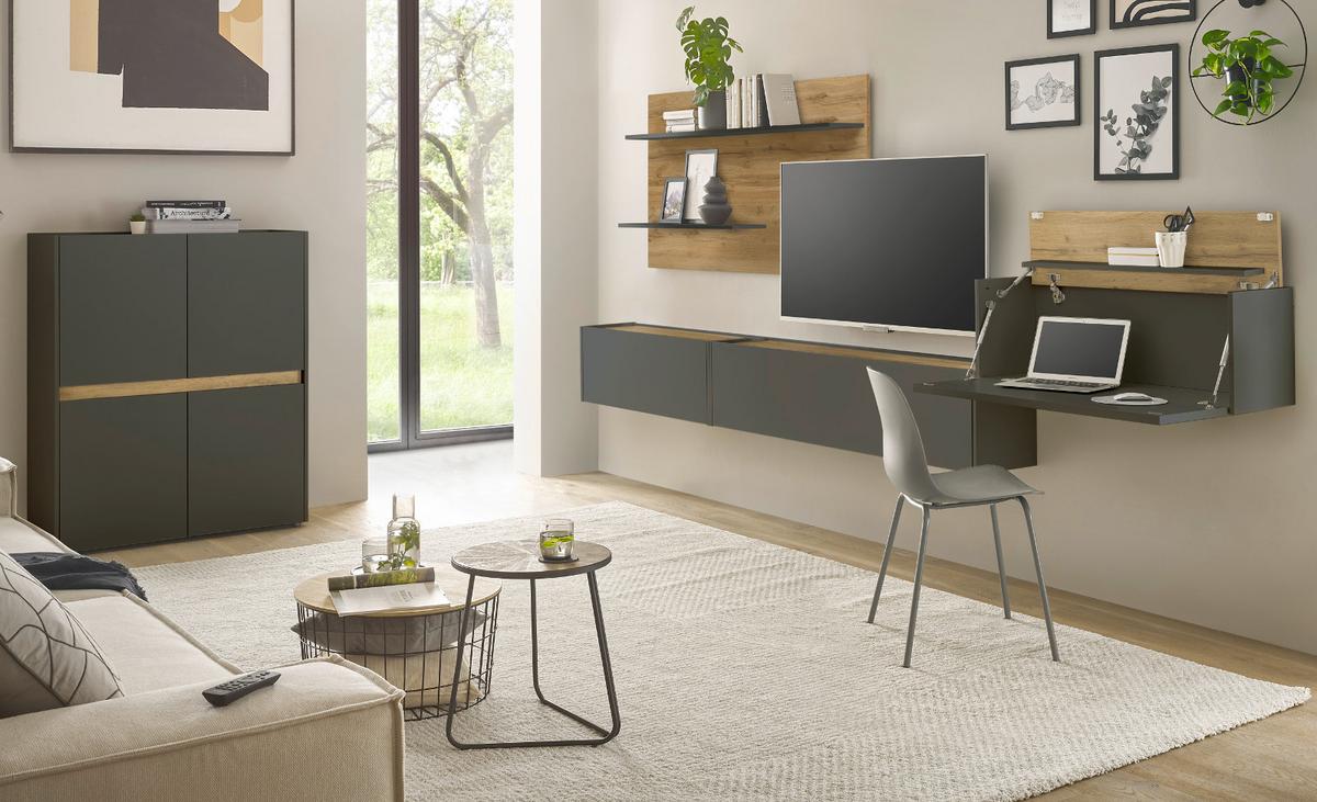 AKTENSCHRANK grau matt, Eiche Wotan 100 x 122 cm, Highboard 4-türig mit viel Stauraum - Eiche Wotan/Schwarz, Holzwerkstoff/Kunststoff (100/122/40cm) - Furn.Design