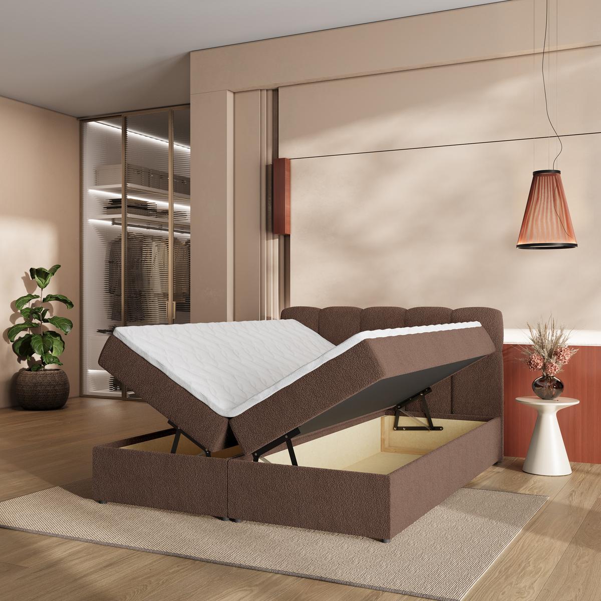 BOXBETT MERU 140x200 cm mit Matratze und Topper - Braun - Braun, Holz (140/200cm) - MASSENO