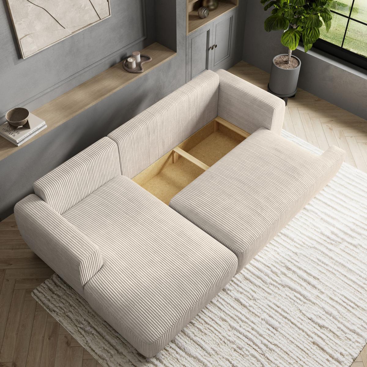 ECKSOFA SENTI P L-S Creme Kordstoff mit Schlaffunktion - Creme/Schwarz, Holz/Kunststoff (246/148cm) - MASSENO