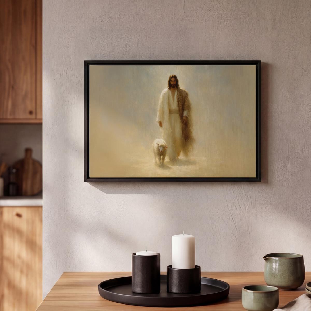 LEINWAND Bilder mit Rahmen - Schaf - Jesus - Pinselstriche - Abstrakt - 30x20 - Beige, Textil (30/20cm) - MuchoWow