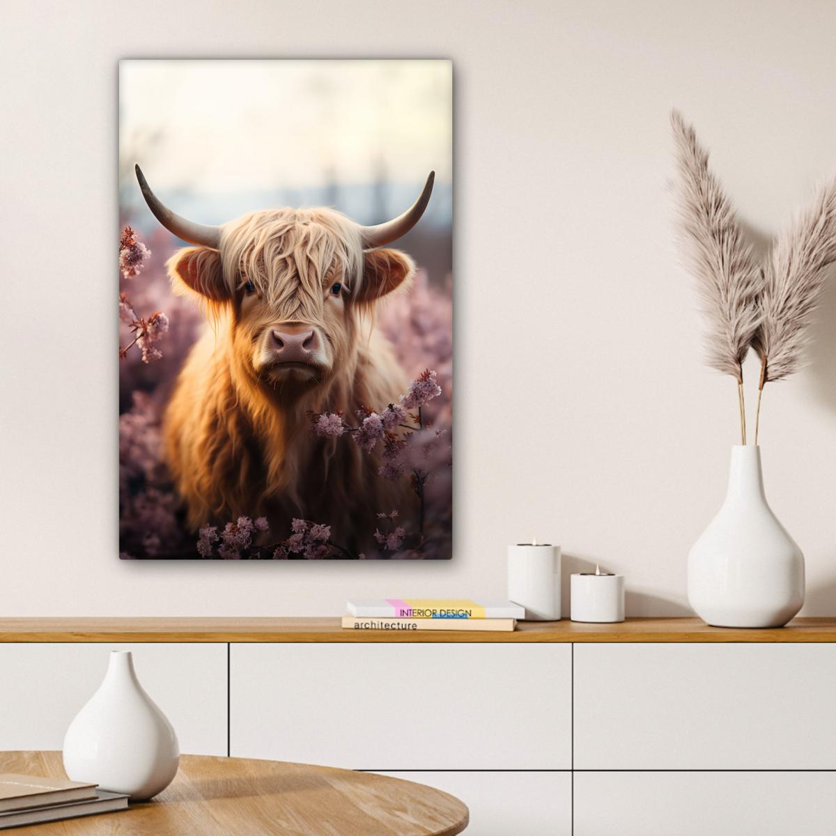 LEINWANDBILD Schottischer Hochländer - Frühling - Hochland Wanddeko 40x60 cm - Hellrosa, Textil (40/60cm) - MuchoWow