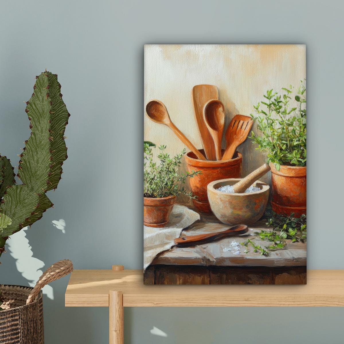 LEINWANDBILD Töpfe - Kräuter - Holz Deko Wohnzimmer 20x30 cm - Terracotta, Textil (20/30cm) - MuchoWow