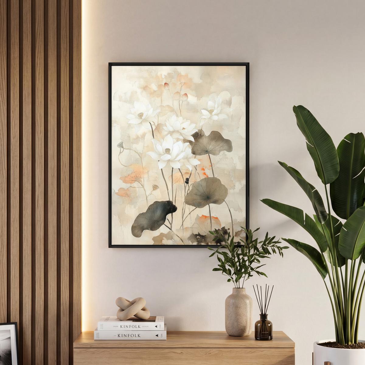 LEINWAND Bilder mit Rahmen - Blumen - Japandi - Wabi sabi - 50x70 - Sandfarben, Textil (50/70cm) - MuchoWow