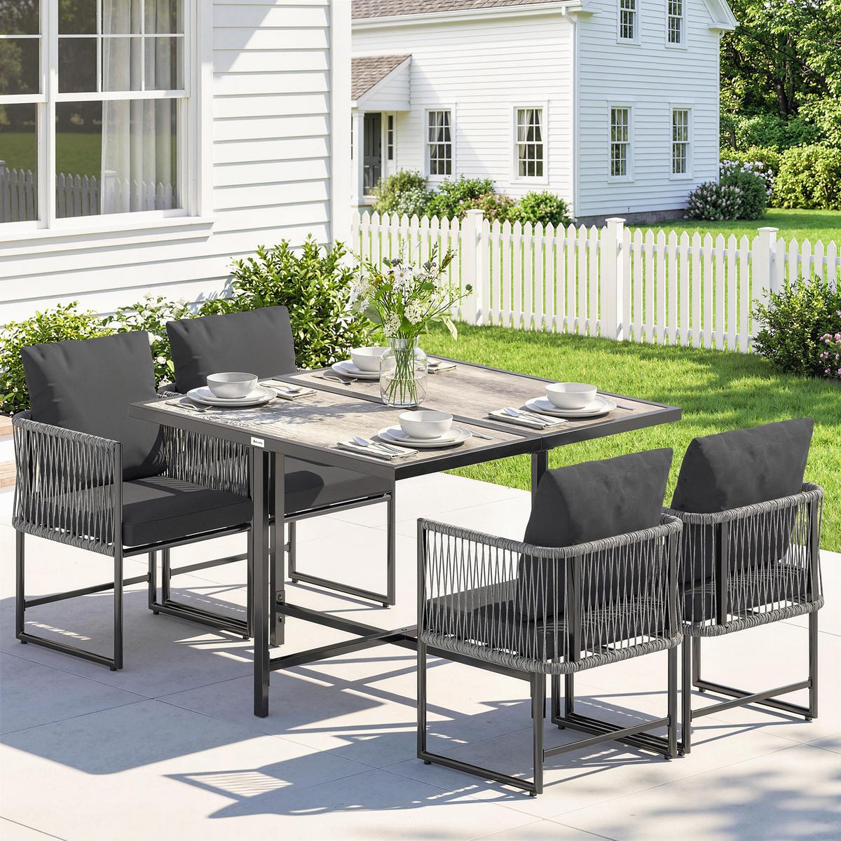 OUTDOOR-ESSGRUPPE 5er Set Stahl Kunststoff Grau - Dunkelgrau/Grau, Textil/Metall - Outsunny