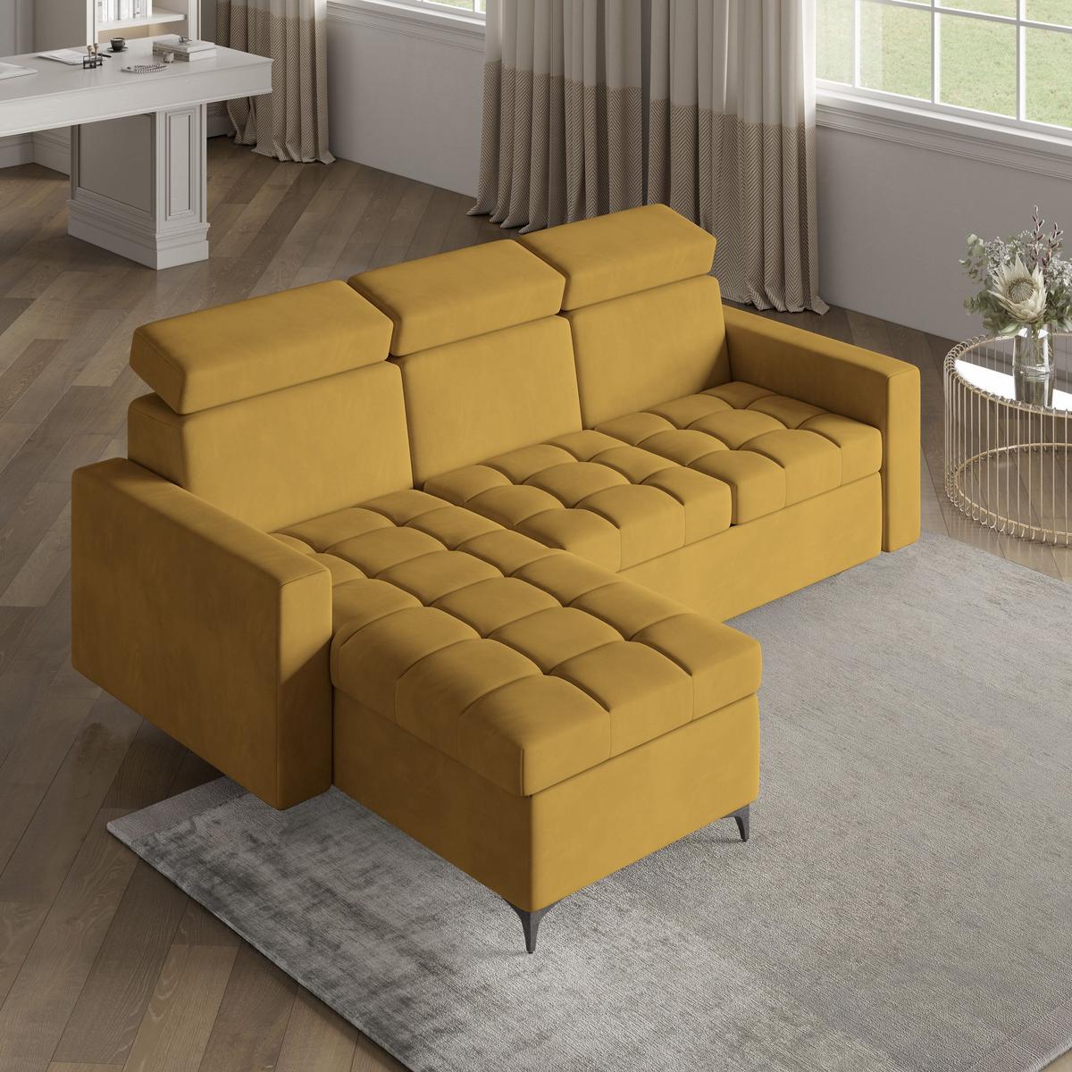 ECKSOFA KAME Gelb Plüsch-Stoff mit Schlaffunktion - Gelb/Schwarz, Holz/Textil (227/168cm) - MASSENO