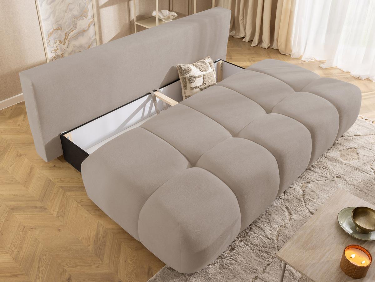 SCHLAFSOFA Belluno aus hochwertigem Dunkelbeige Plüschstoff mit Bettkasten und tiefen Steppungen in Bubble-Optik - Schwarz/Cappuccino, Holz/Kunststoff (205/87/105cm) - S-Style