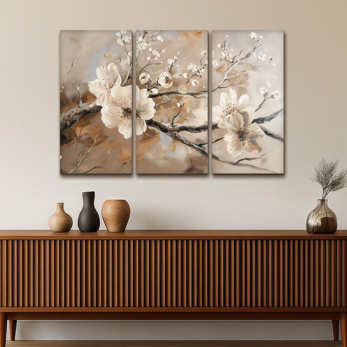 LEINWANDBILD 3er Set Blüte - Beige - Abstrakt - Blumen 120x80 cm - Hellbraun, Textil (120/80cm) - MuchoWow