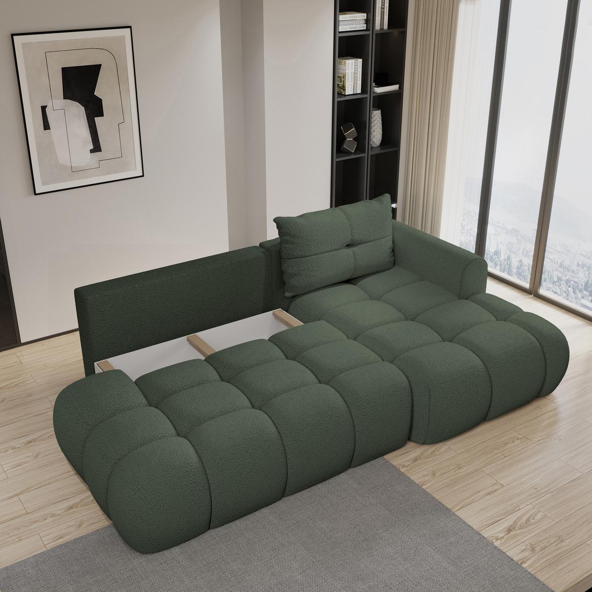 ECKSOFA FLUMA R-S Grün Boucle-Stoff mit Schlaffunktion - Grün, Holz (279/158cm) - MASSENO
