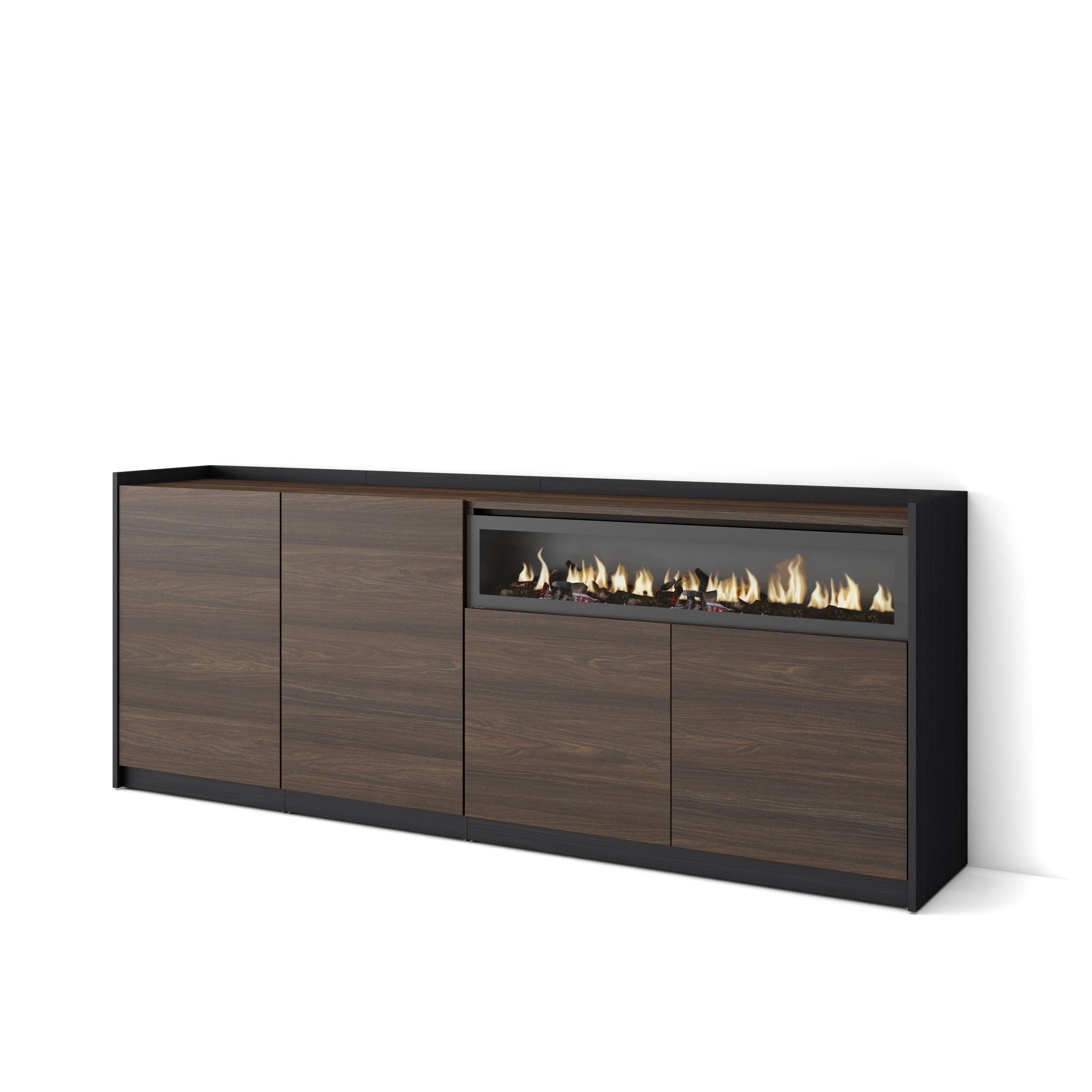SIDEBOARD, Highboard, Dunkler Eiche und Schwarz, Elektrokamin, 207/37/80cm - Hellbraun, Holzwerkstoff (207/80/37cm) - Skraut Home