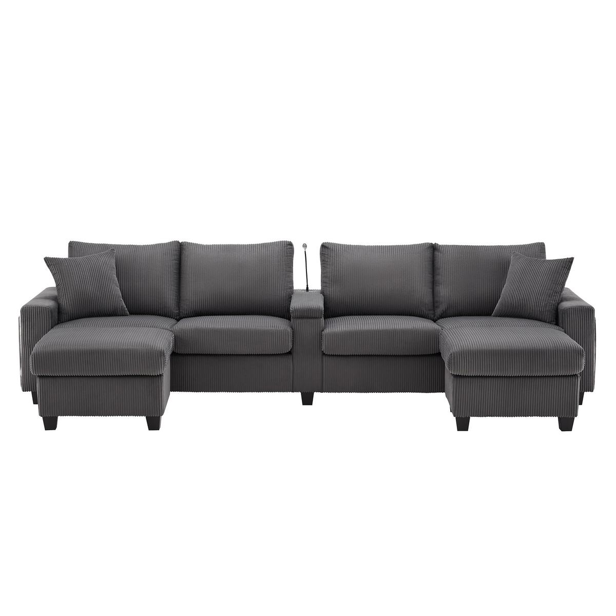 ECKSOFA aus Cord in Grau mit LED-Beleuchtung & smarten USB-Anschlüssen - Grau, Textil (128.5/334cm) - Urban Meuble