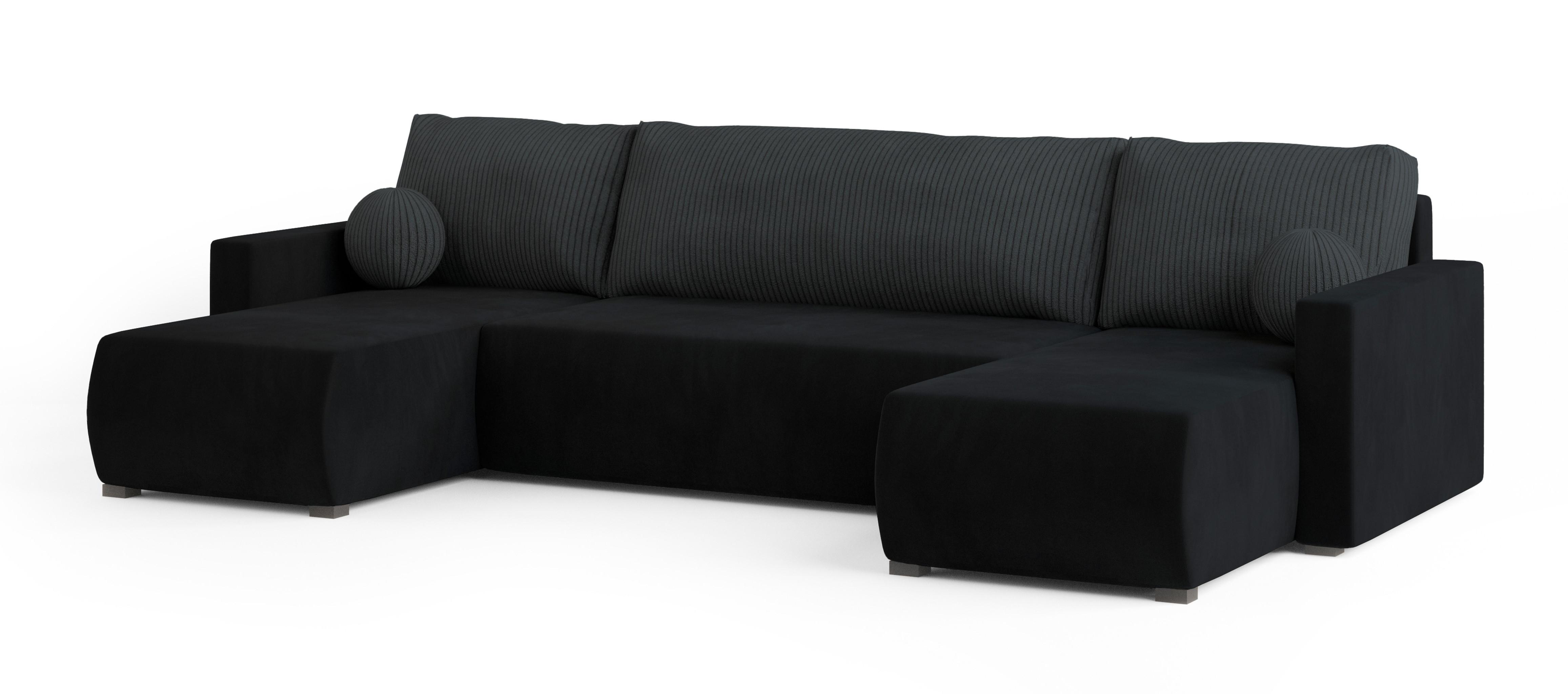 WOHNLANDSCHAFT TESSUN Schwarz Plüsch-Stoff mit Schlaffunktion - Schwarz, Holz (286/85/143cm) - MASSENO