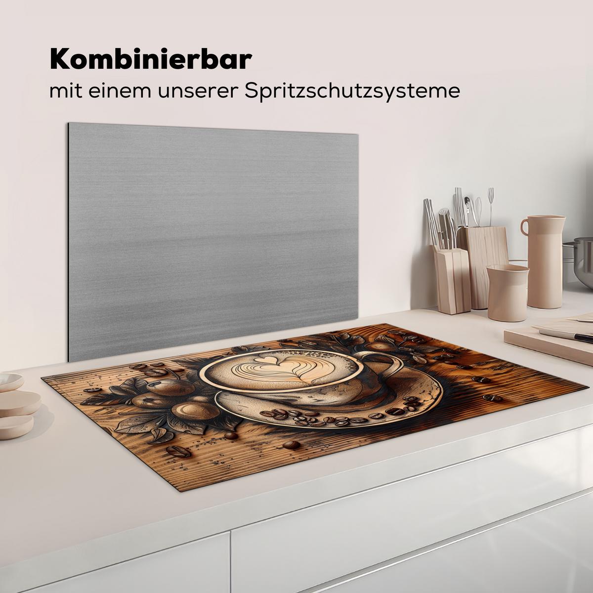 HERDABDECKPLATTE Kaffee - Vintage - Braun - Tasse - Holz Induktionsschutz 91.2x52 cm - Cappuccino, Kunststoff (91.2/52/0.2cm) - MuchoWow