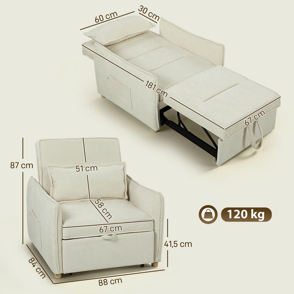 SCHLAFSESSEL Polyester Eukalyptusholz Cremeweiß - Eukalyptusholzfarben/Creme, Holz/Textil (84/87/88cm) - HOMCOM