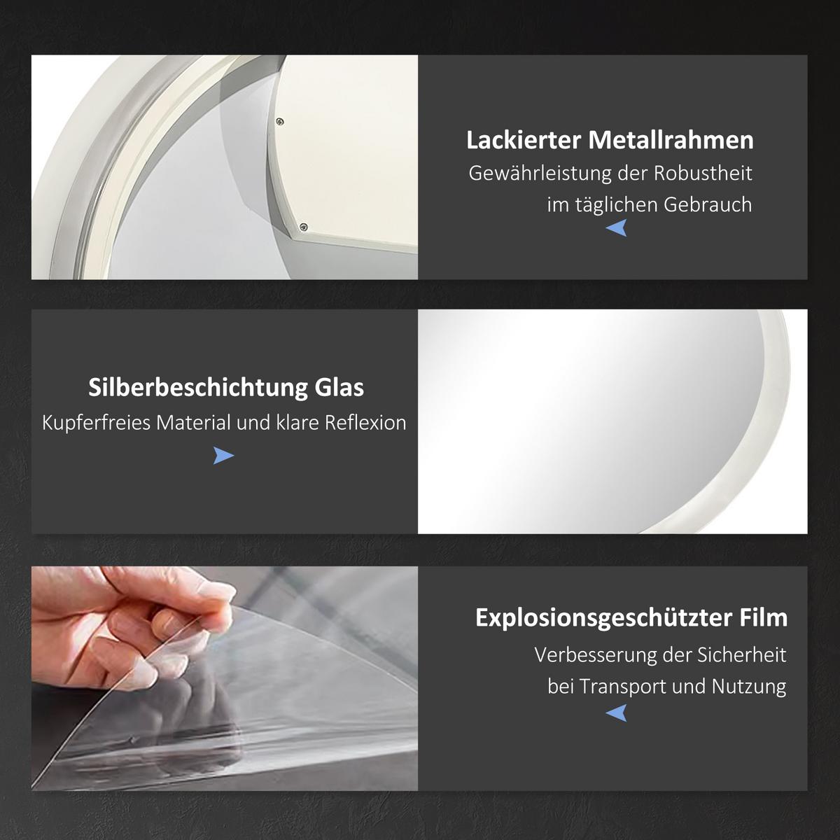 BADSPIEGEL mit Beleuchtung, Ø70 cm Wandspiegel mit 3 Lichtfarben, Anti-Beschlag - Silberfarben, Glas (70/3/70cm) - Kleankin
