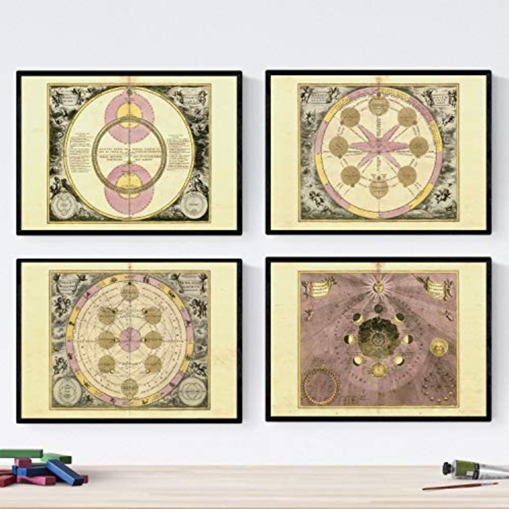 POSTER Set mit 4 alten astronomischen Karten A4 Schwarzer Rahmen - Schwarz, Papier (29.7/3cm) - Nacnic