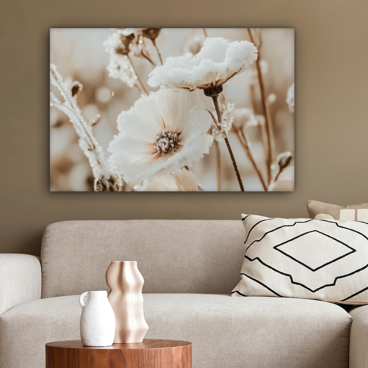 LEINWANDBILD Blumen - Winter - Weiß - Schnee - Beige Gemälde 60x40 cm - Creme, Textil (60/40cm) - MuchoWow
