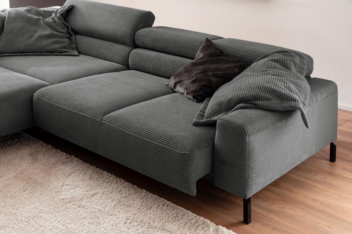 ECKSOFA DELIA Grau Cord Relaxfunktion - Schwarz/Grau, Textil/Metall (276/219cm) - KAWOLA