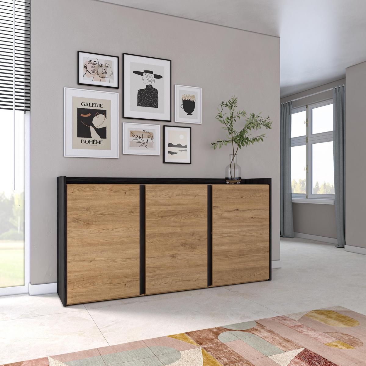 SIDEBOARD, 3 Türen, Eiche und Schwarz, 156/35/80cm - Beige, Holzwerkstoff (156/80/35cm) - Skraut Home