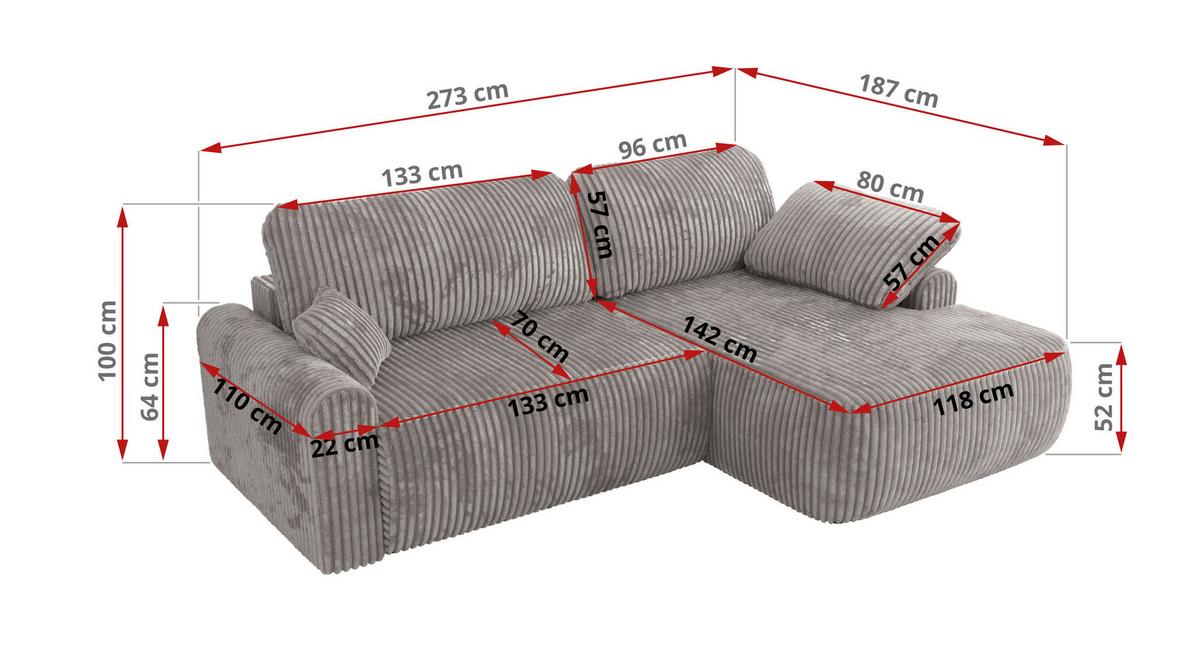 ECKSCHLAFSOFA CUBO L Grau Cord - links - Schwarz/Grau, Kunststoff/Textil (273/187cm) - MKS