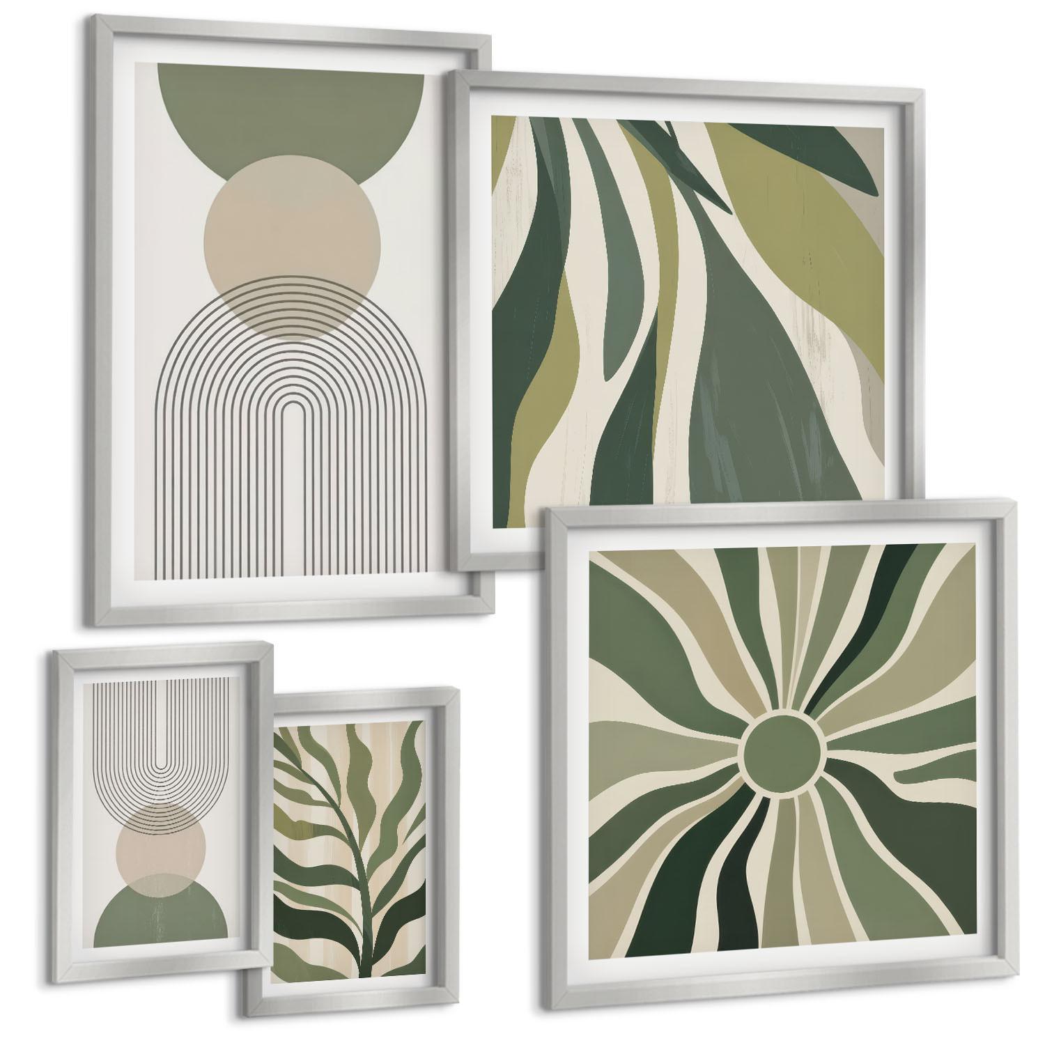 BILDER SET 5er Set - 50x50 cm & 20x30 cm & 40x60 cm Silberner Rahmen - Bemalte Blätter mit Grün - Silberfarben, Kunststoff (40/60cm) - TULUP