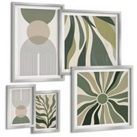 BILDER SET 5er Set - 50x50 cm & 20x30 cm & 40x60 cm Silberner Rahmen - Bemalte Blätter mit Grün - Silberfarben, Kunststoff (40/60cm) - TULUP