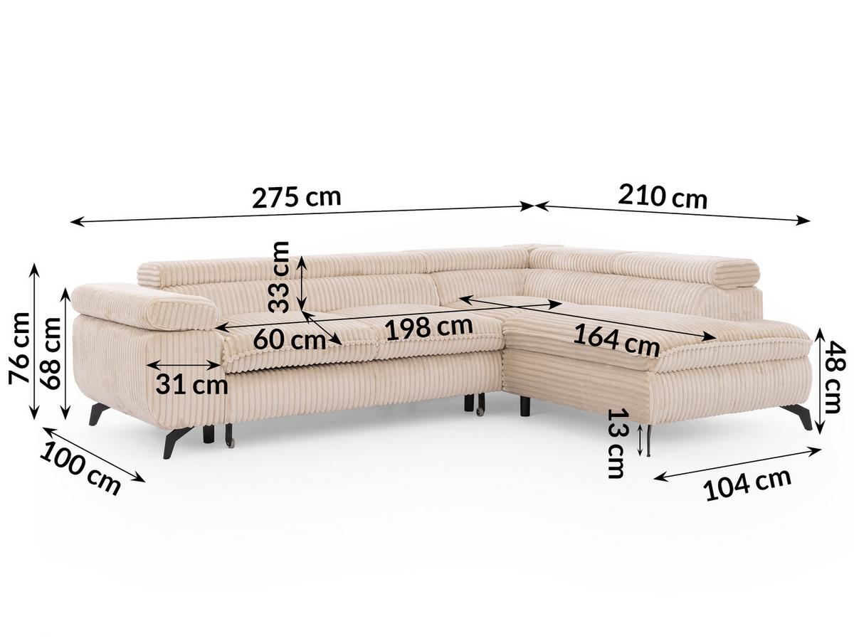 ECKSOFA mit Schlaffunktion und Bettkasten Bonnie aus Hellbeige Cord-Stoff mit verstellbaren Kopfstützen und Armlehne - Ottomane rechts - Beige/Schwarz, Holz/Textil (275/210cm) - S-Style Möbel