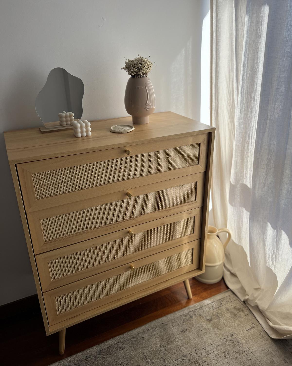 KOMMODE 4 Schubladen Rattan Helles Holz Perote - Hellbraun/Goldfarben, Naturmaterialien (80/97/38cm) - Beliani