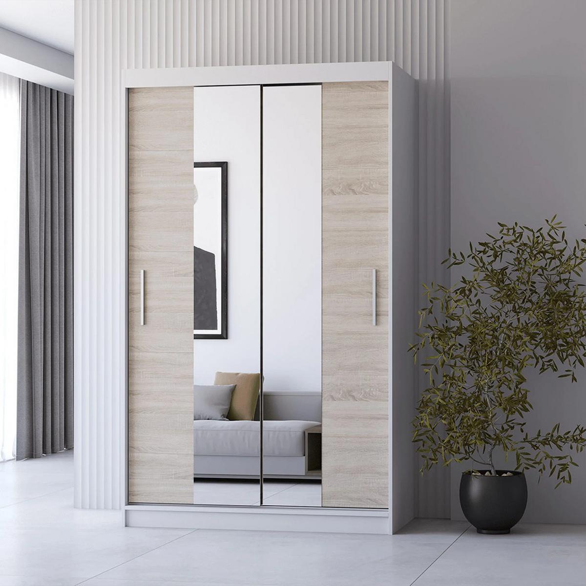 SCHWEBETÜRENSCHRANK Neomi 01 Weiß/Sonoma Eiche mit Spiegel 120 cm - Alufarben/Weiß, Holzwerkstoff/Kunststoff (120/200/61cm) - imoebel24