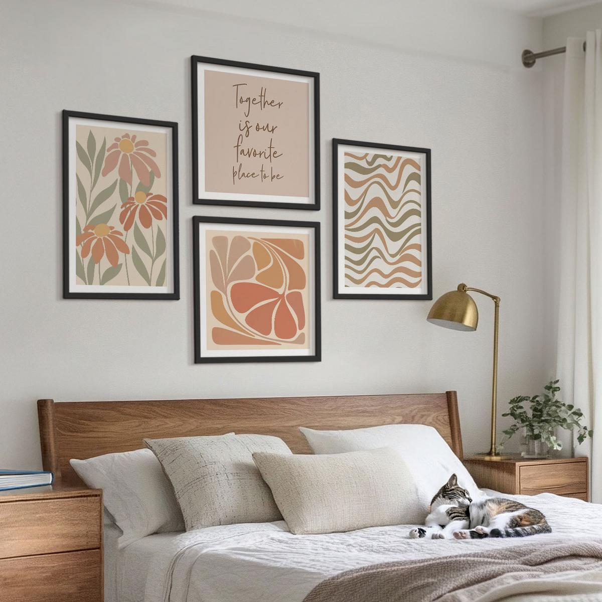 BILDER SET 4er Set - 50x50 cm & 40x60 cm Schwarzer Rahmen - Abstrakte Pastellblumen - Schwarz, Kunststoff (50/50cm) - TULUP