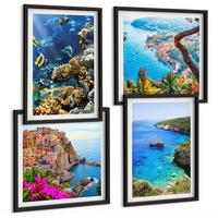 BILDER SET 4er Set - 50x50 cm & 40x60 cm Schwarzer Rahmen - Meerblick, farbenfrohe Häuser - Schwarz, Kunststoff (50/50cm) - TULUP