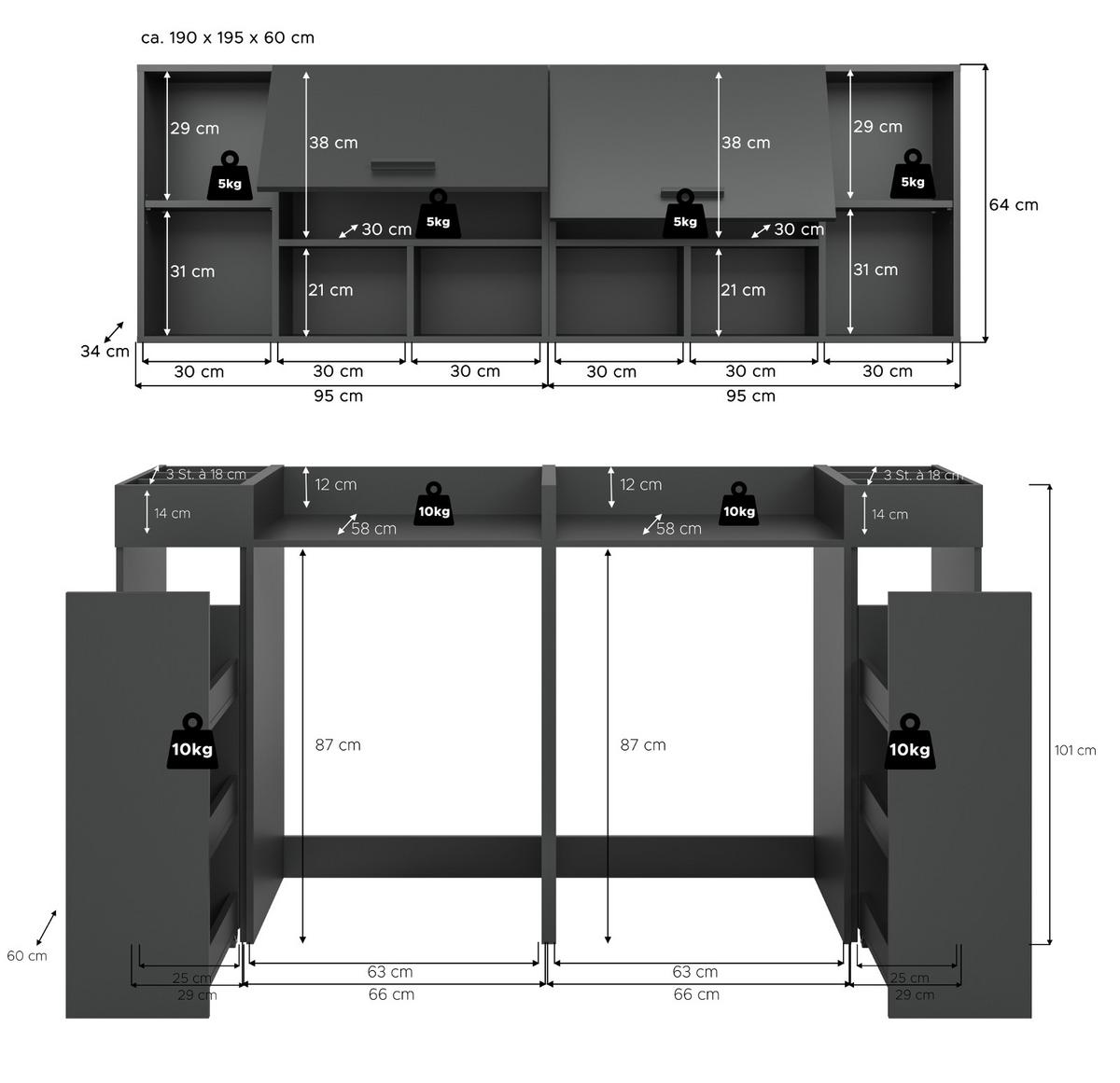WASCHMASCHINENSCHRANK grau Set 6-teilig 190 cm, Umbau für Waschmaschine und Trockner - Schwarz/Grau, Holzwerkstoff/Kunststoff (190/195/60cm) - Inn.Furn