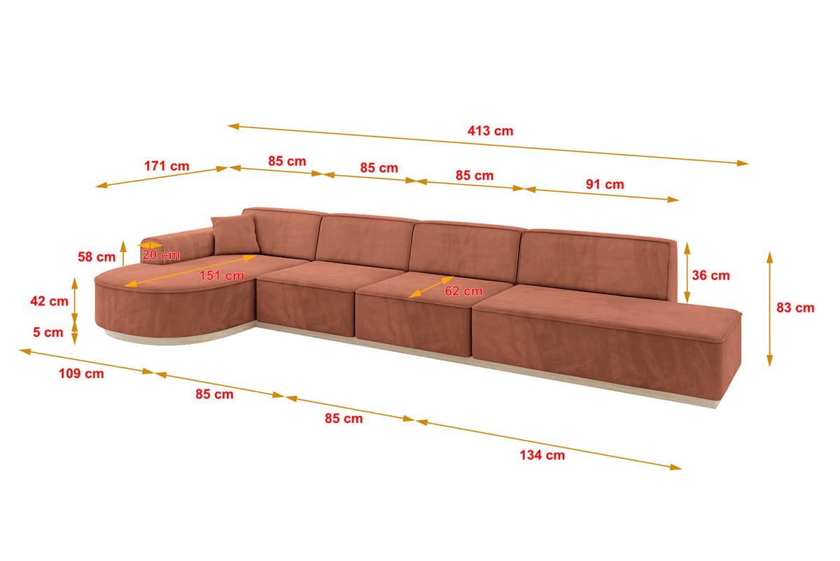 ECKSOFA Ottomane Links ARRIO-L3 - 413x171x83 cm Apricot - Koralle, Holzwerkstoff/Textil (413/171cm) - ALTDECOR