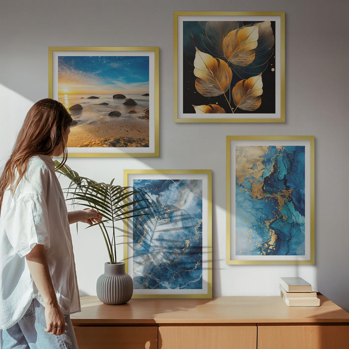 BILDER SET 4er Set - 50x50 cm & 40x60 cm Goldrahmen - Bilder mit blau-goldenen Mustern - Goldfarben, Kunststoff (50/50cm) - TULUP