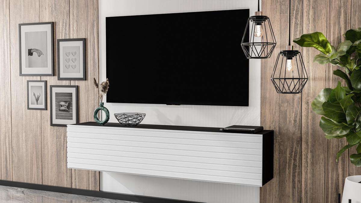 LOWBOARD ZIVOLLI 160 Schwarz, Weiße Lamellen 160/34/40 cm – TV-Hängeschrank mit Lamellenfront - Schwarz/Weiß, Holzwerkstoff/Kunststoff (160/34/40cm) - AX Living