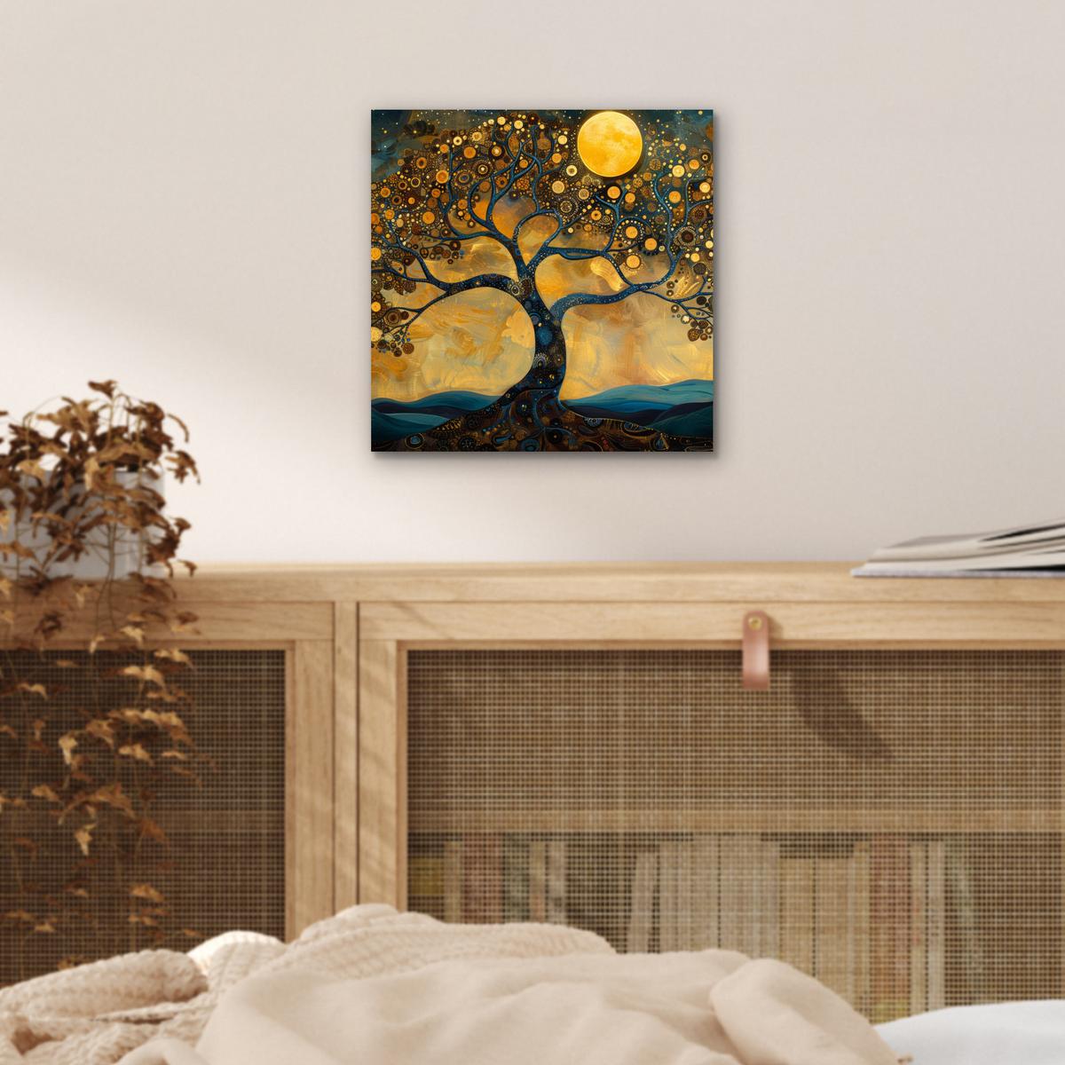 METALLBILD Baum - Mond - Blumen - Gold - Kunst 20x20 cm - Orange, Metall (20/20cm) - MuchoWow