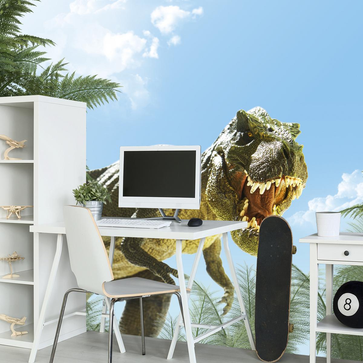 FOTOTAPETE für Jugendzimmer Riesen Dinosaurier Tropenwald Pflanzen 150x105 - Blau/Braun, Papier (150/105cm) - Muralo
