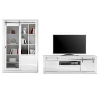 WOHNWAND weiß Hochglanz 2-teilig 349 x 201 cm, Wohnkombination mit Soft-Close - Chromfarben/Weiß Hochglanz, Glas/Holzwerkstoff (349/201/43cm) - Furn.Design