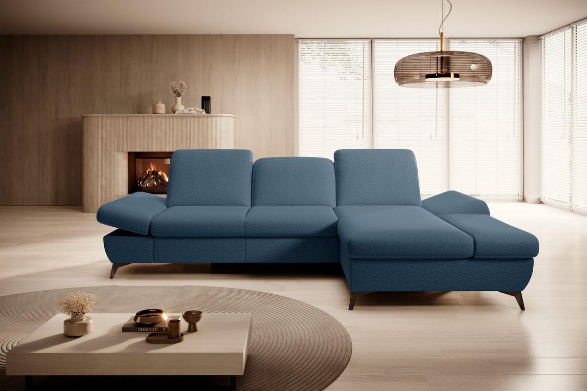 ECKSOFA FELICE R-S Dunkelblau Geflochtener Stoff mit Schlaffunktion - Dunkelblau, Holz (284/166cm) - MASSENO