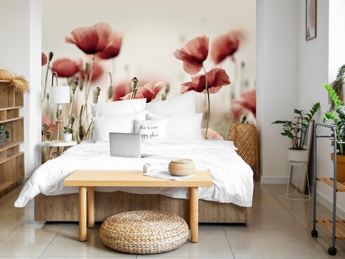 FOTOTAPETE für Wohnzimmer Zarte Mohn Blumen Wiese Rot 100x70 - Beige/Rot, Papier (100/70cm) - Muralo