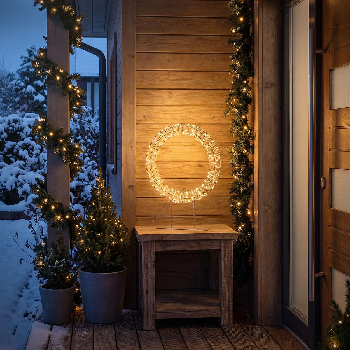 LED WEIHNACHTSKRANZ 41,5 cm mit Sockel Weihnachtsdeko mit Lichterkette 200 LED Warmweiß - Beige, Metall (28/41.5/7cm) - ECD-Germany