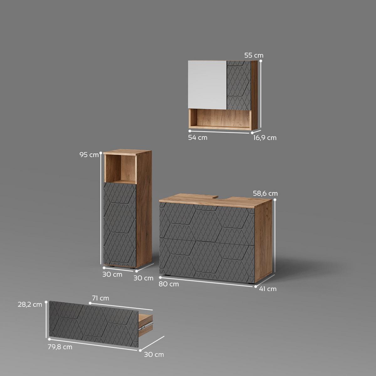 BADMÖBEL-SET Ronco Anthrazit mit Wabenstruktur 3 Teile, mit Midischrank - Anthrazit, Holzwerkstoff (80/58/41cm) - Livinity®