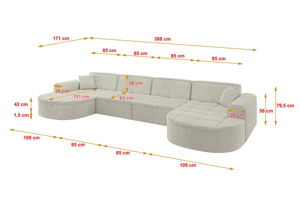 WOHNLANDSCHAFT TARO-U2 - 388x171x79,5 cm Creme - Hellgrau/Creme, Holzwerkstoff/Textil (388/79.5/171cm) - ALTDECOR