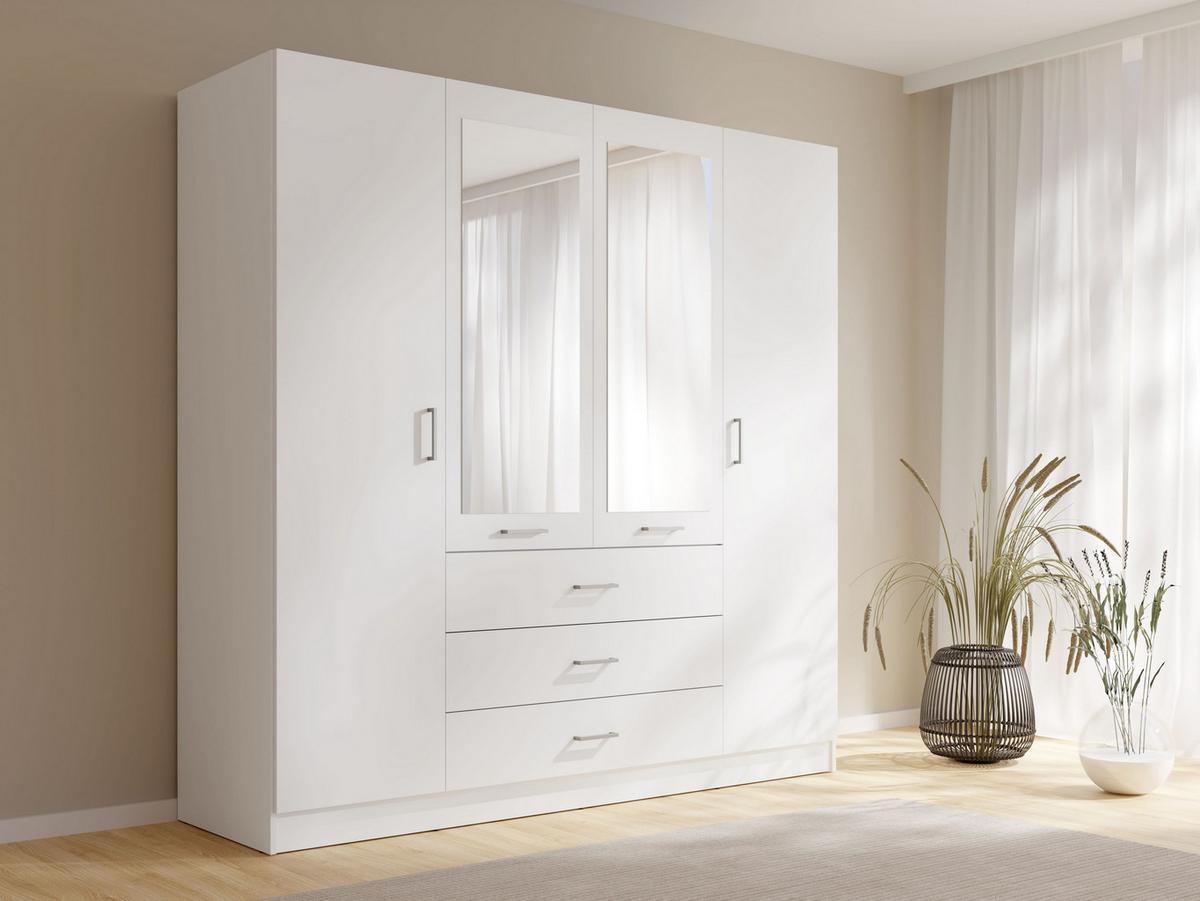 DREHTÜRENSCHRANK NEVARIS 200/200,5/58cm 4-türig mit Spiegel Weiß - Weiß, Holzwerkstoff (200/200.5/58cm) - MASSENO