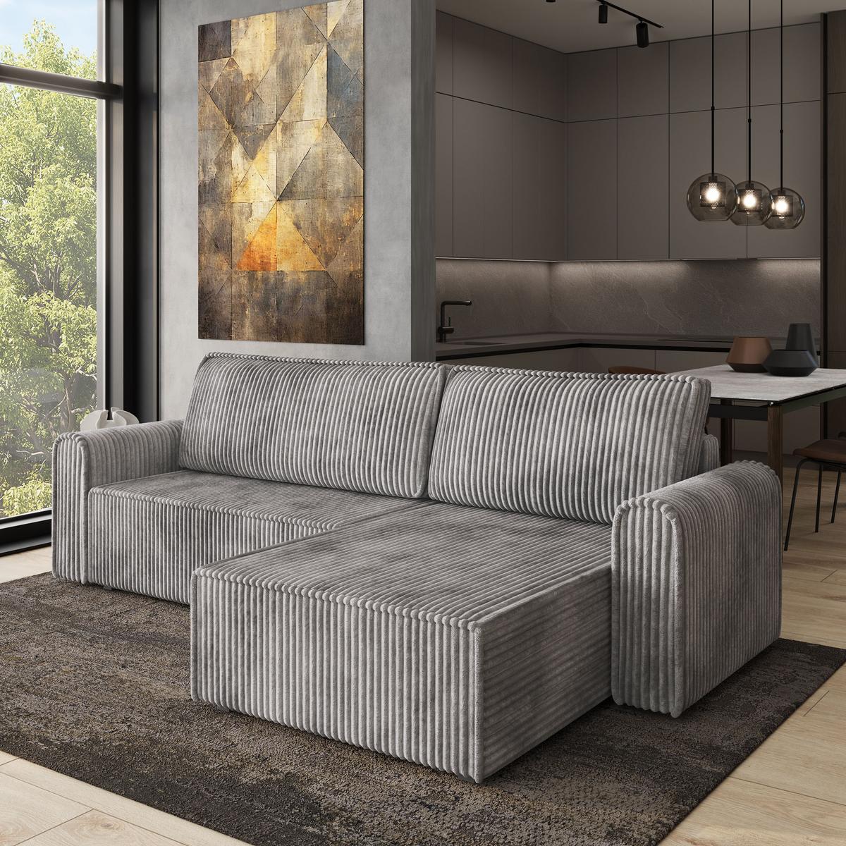 ECKSOFA VALTINO Hellgrau Kordstoff mit Schlaffunktion - Hellgrau, Holz (275/148cm) - MASSENO