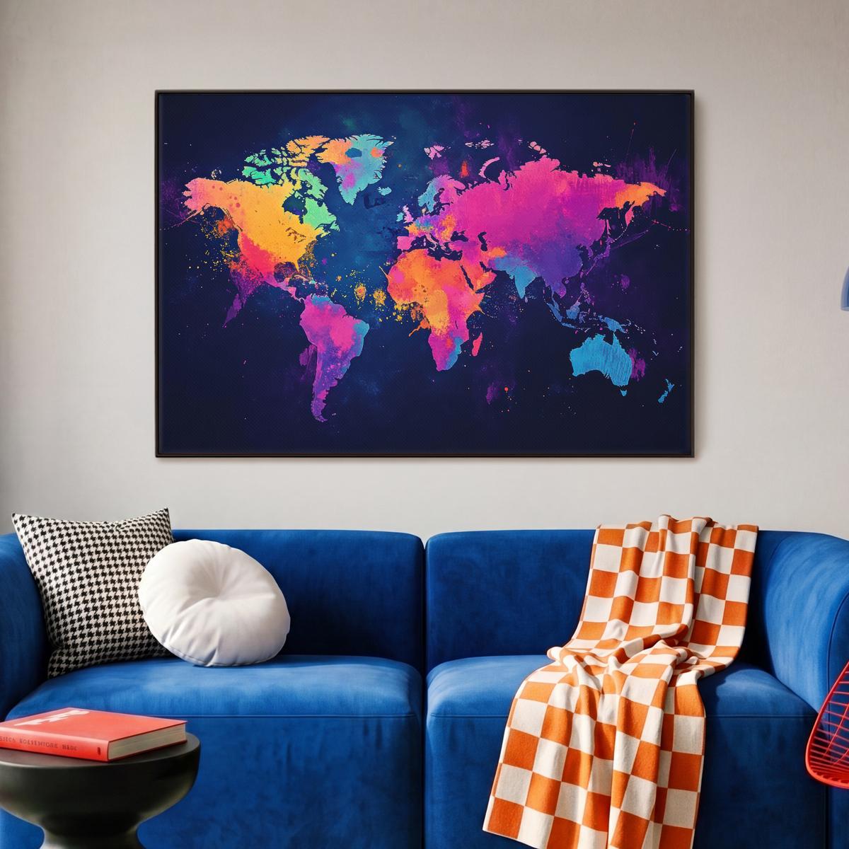 LEINWAND Bilder mit Rahmen - Weltkarte - Bunt - Graffiti - 90x60 - Multicolor, Textil (90/60cm) - MuchoWow