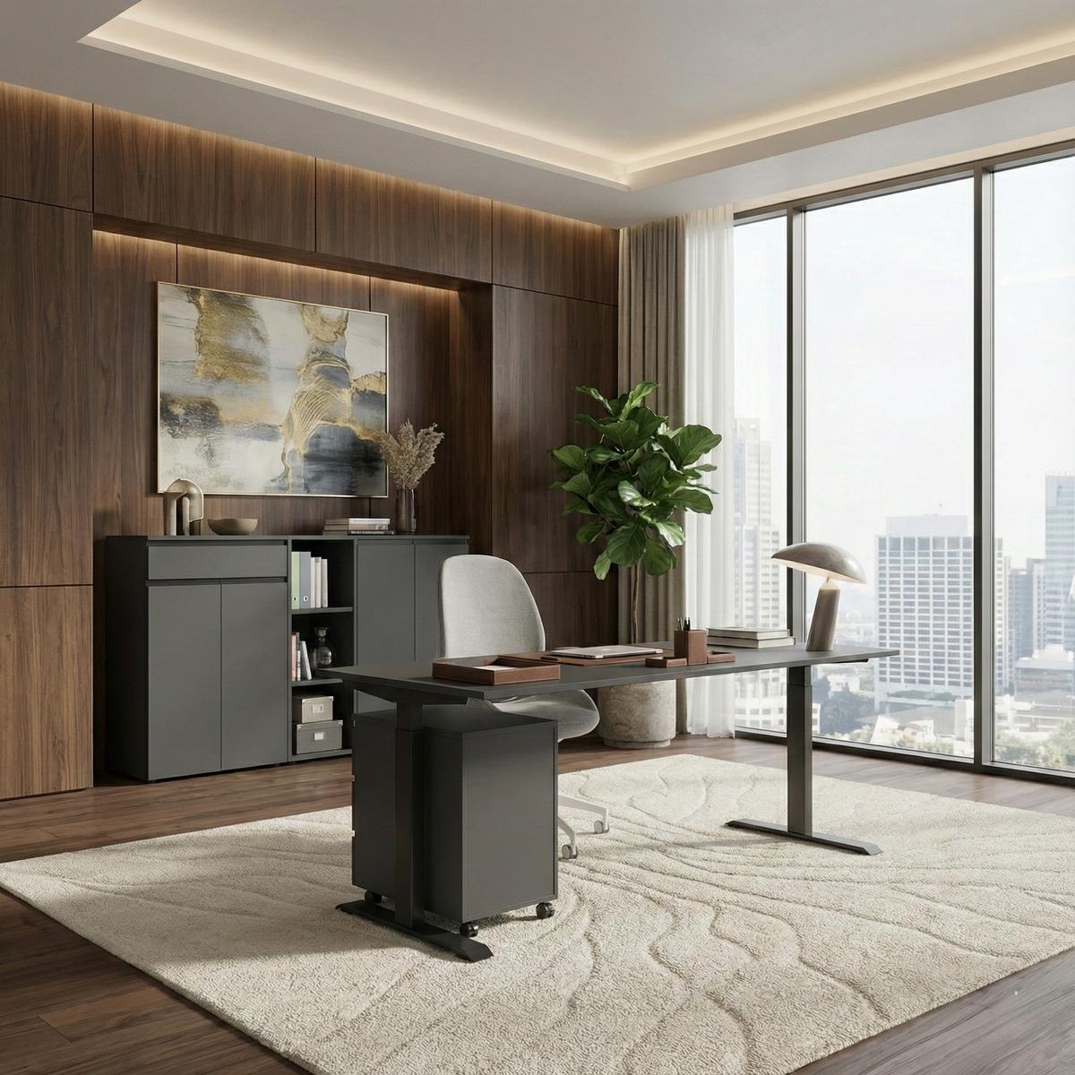 BÜROMÖBEL Set 2-teilig | Schreibtisch 140x80cm & Rollcontainer Graphit | Einstellbar 68-91 cm & Soft-Close - Schwarz, Holzwerkstoff/Metall (80/195/91cm) - KADIMA DESIGN