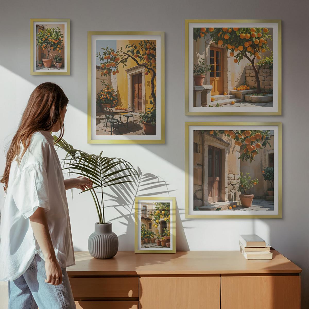 BILDER SET 5er Set - 50x50 cm & 20x30 cm & 40x60 cm Goldrahmen - Waldnebelporträt einer Frau - Goldfarben, Kunststoff (40/60cm) - TULUP