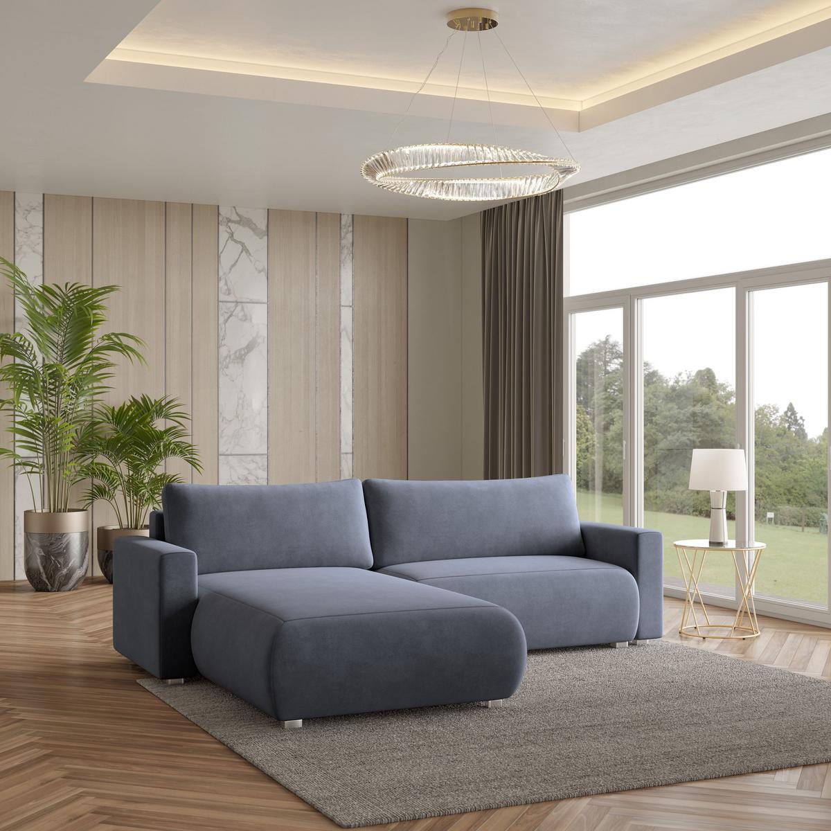 ECKSOFA TURIN M Grau Velours-Stoff mit Schlaffunktion - Grau, Holz/Kunststoff (265/183cm) - MASSENO