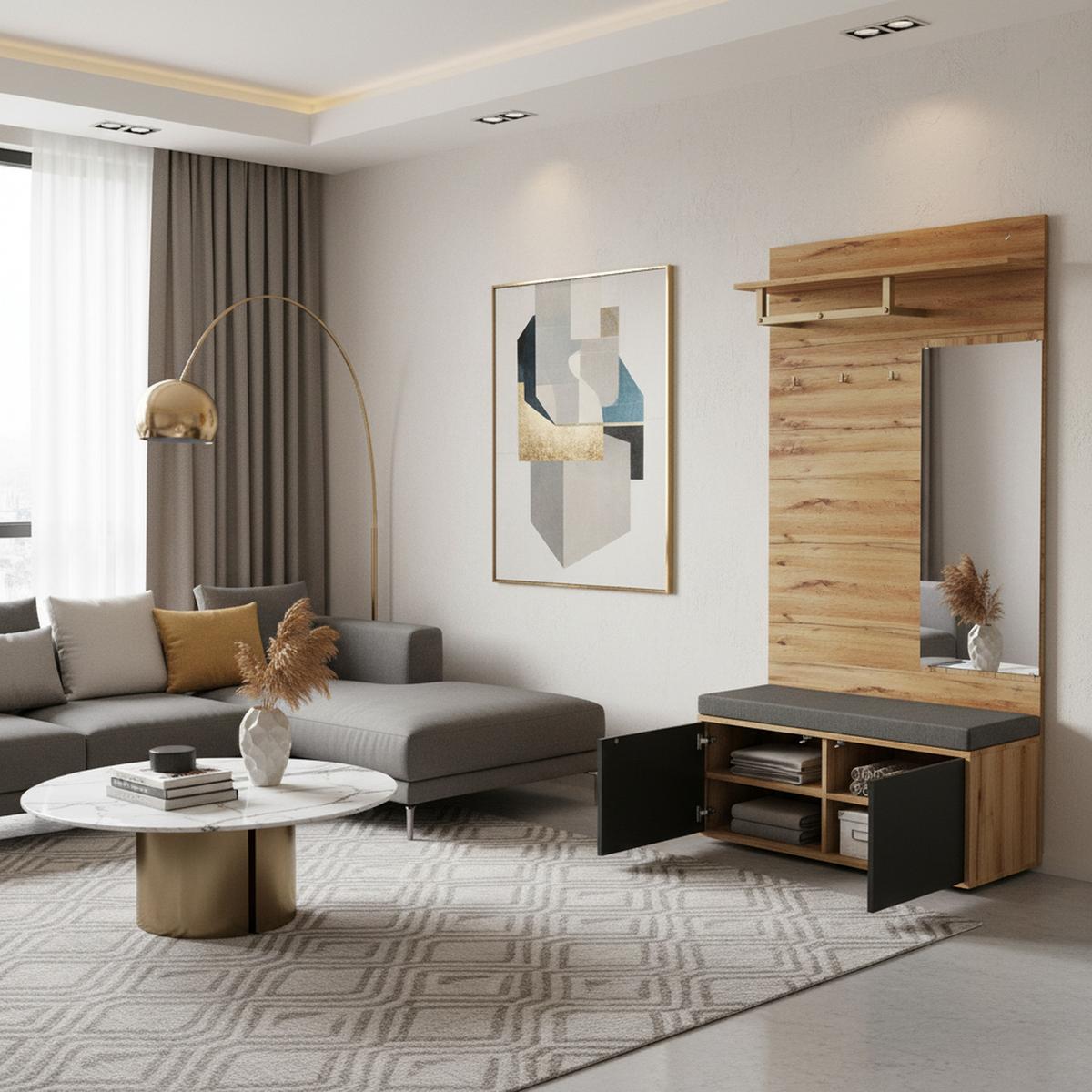 GARDEROBEN-SETS Flurgarderobe Holzoptik mit Spiegel & Sitzbank Kompaktgarderobe 100×190 cm - Sonoma Eiche, Holzwerkstoff (100/190/38cm) - Urban Meuble
